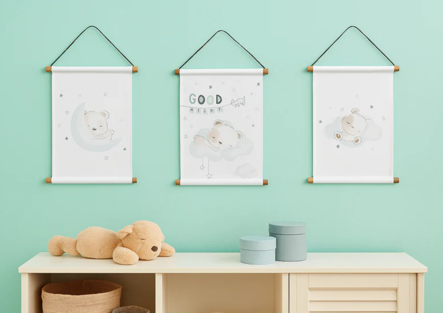 Wandbild 3er Set „Gute Nacht, kleiner Bär“