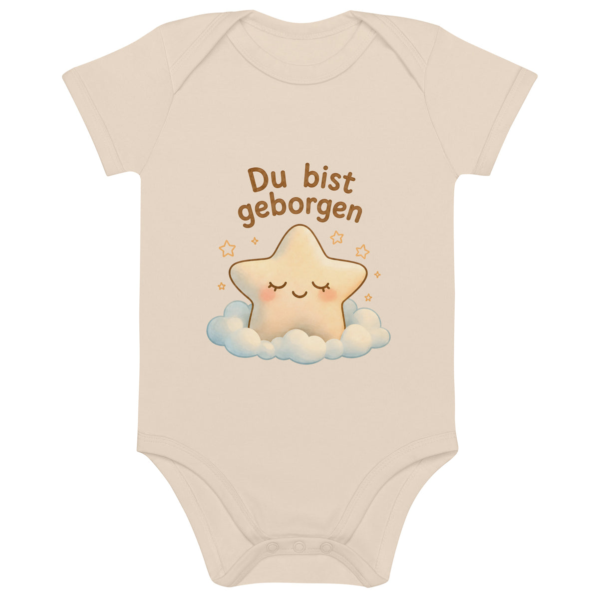 Bio-Babybody in Natur mit Nelo und dem Spruch Du bist geborgen