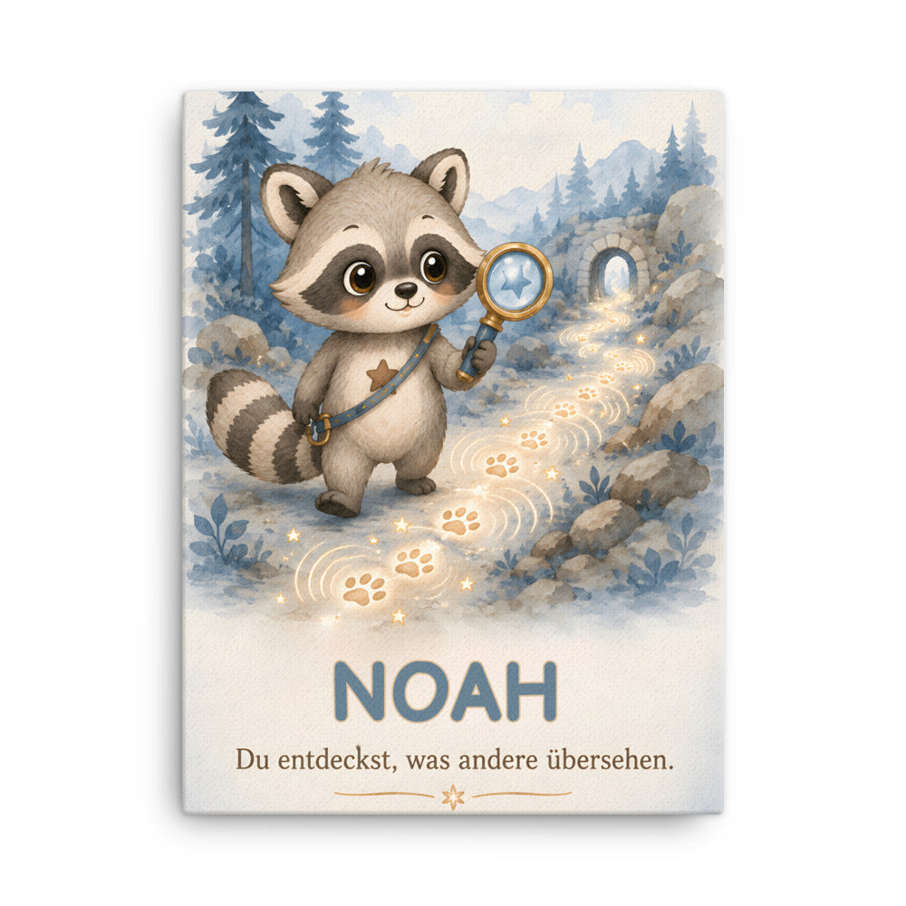 Detailansicht des Raxi-Wandbilds mit Name Noah und Spruch Du entdeckst, was andere übersehen.