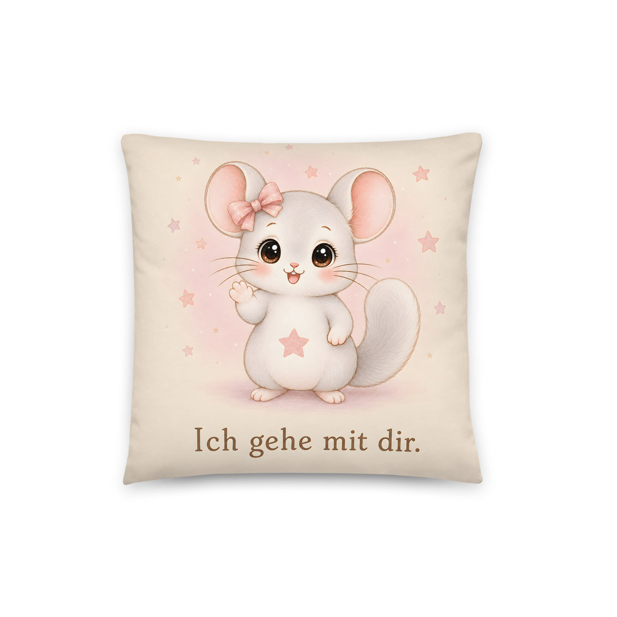 Cremefarbenes Feyni-Dekokissen mit weißem Chinchilla, rosafarbener Sternenschleife und dem Spruch Ich gehe mit dir.
