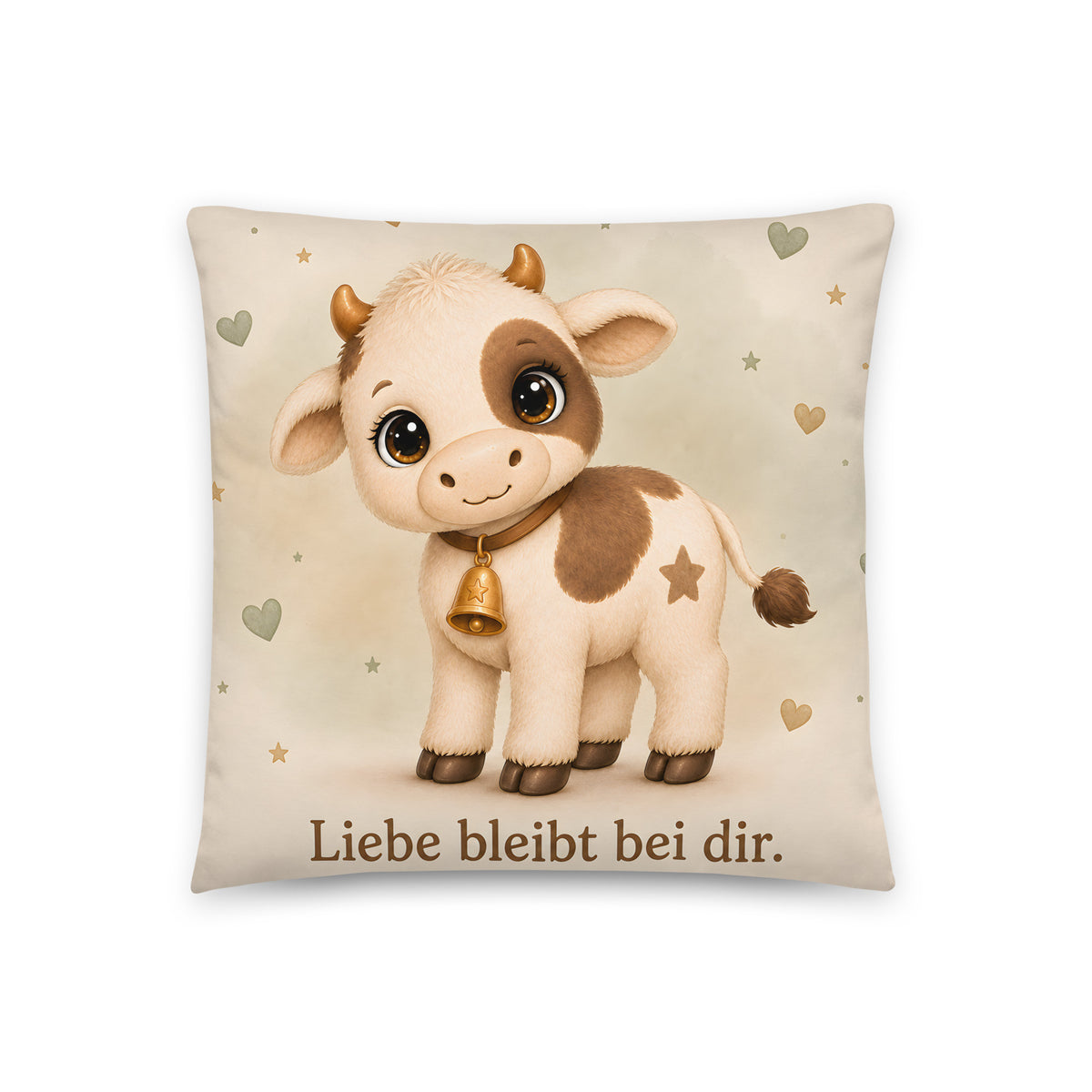 Cremefarbenes Muki-Dekokissen mit Kuh, goldener Herzglocke, salbeigrünen Herzen und dem Spruch Liebe bleibt bei dir.
