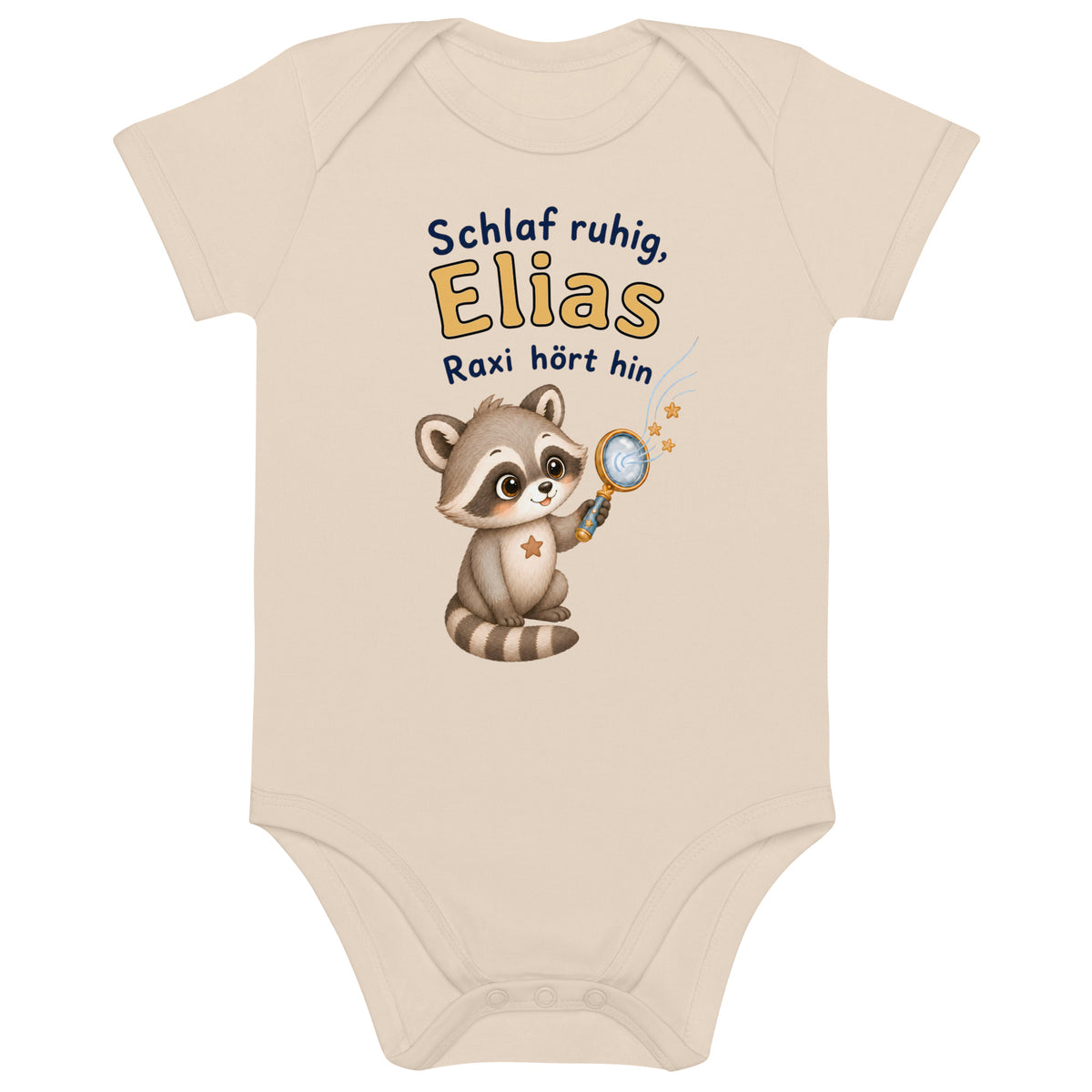 Personalisierter Bio-Babybody in Natur mit Raxi und Beispielname Elias