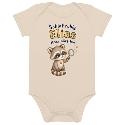 Personalisierter Bio-Babybody in Natur mit Raxi und Beispielname Elias
