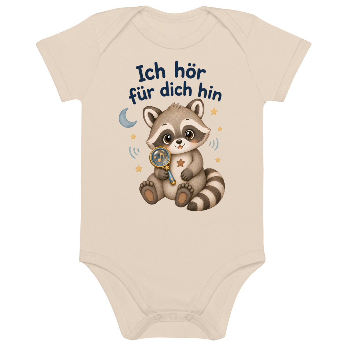 Bio-Babybody in Natur mit Raxi und dem Spruch Ich hör für dich hin