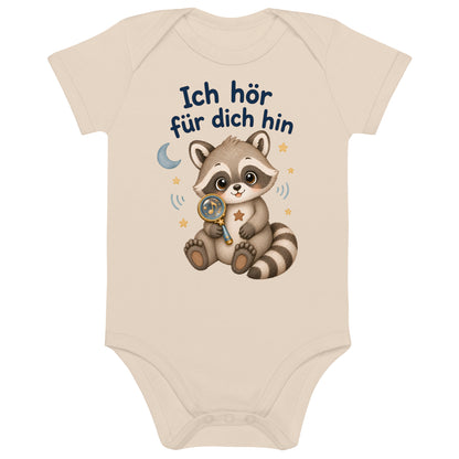 Bio-Babybody in Natur mit Raxi und dem Spruch Ich hör für dich hin