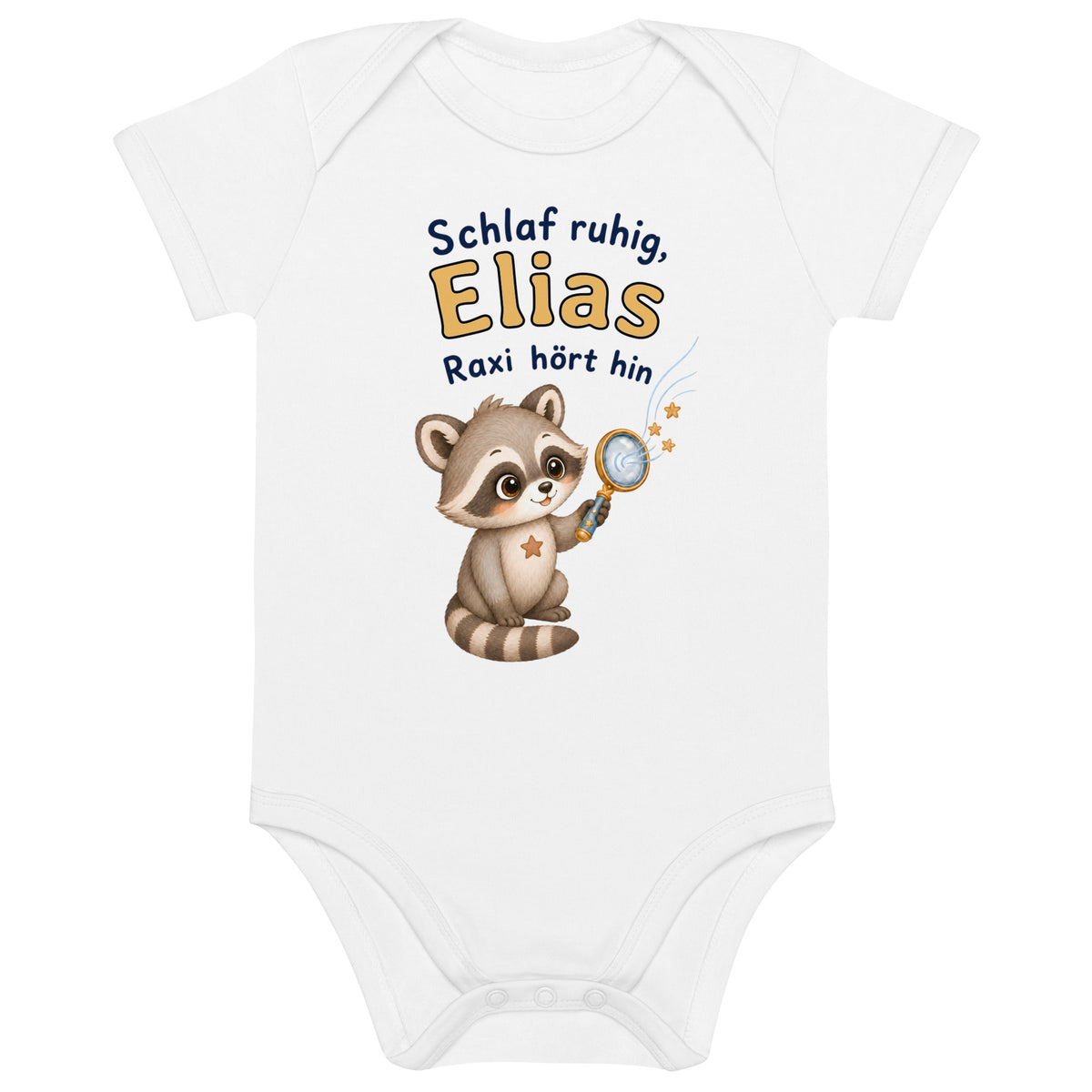 Personalisierter Bio-Babybody in weiß mit Raxi und Beispielname Elias
