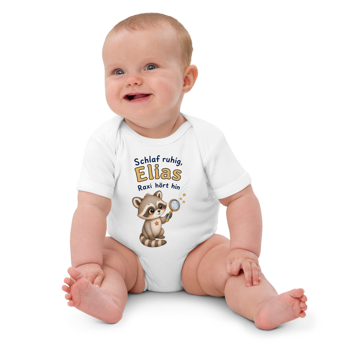 Bio-Babybody mit Raxi und persönlicher Aufschrift Schlaf ruhig