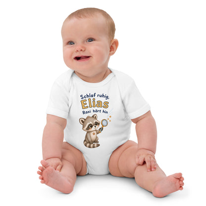 Bio-Babybody mit Raxi und persönlicher Aufschrift Schlaf ruhig