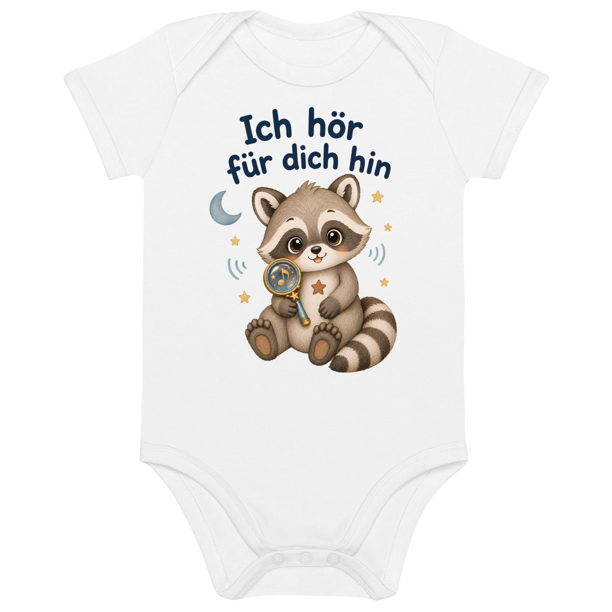 Bio-Babybody in Weiß mit Raxi und dem Spruch Ich hör für dich hin