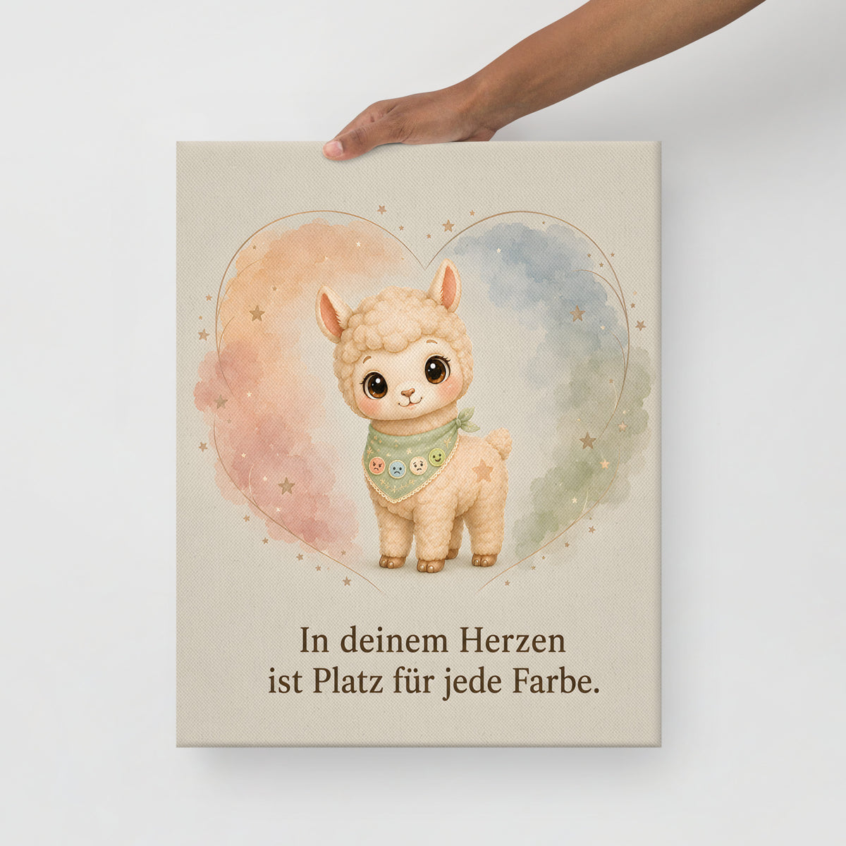 Kinderzimmer-Leinwand mit Henry und mit Spruch vor weißer Wand mit Hand