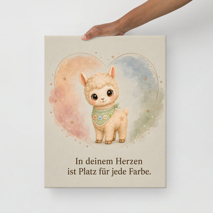 Kinderzimmer-Leinwand mit Henry und mit Spruch vor weißer Wand mit Hand